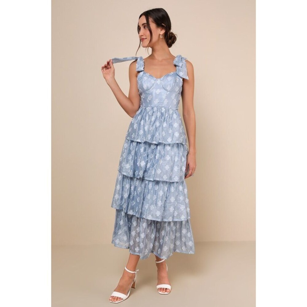 Lulus Gorgeous Excellence Light Blue Floral Burnout Tiered Midi Dress - XS. New